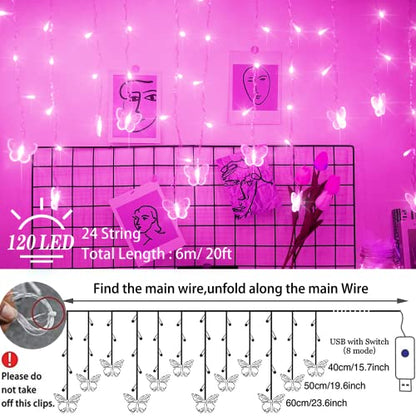 120 LED Butterfly Curtain Fairy Lights USB Plug in,8 Modes 20FT Firefly Twinkle Timer String Lights with Remote, Waterproof Copper Wire for Bedroom Valentine's Day Wedding Party(Pink) - color: Pink