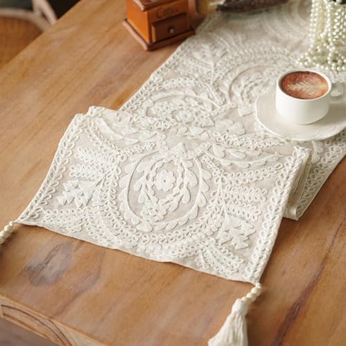 Embroidered Dresser Runner Lace Boho Scarf, Beige 14"x56" - color: Beige, size: 14 x 56 Inches