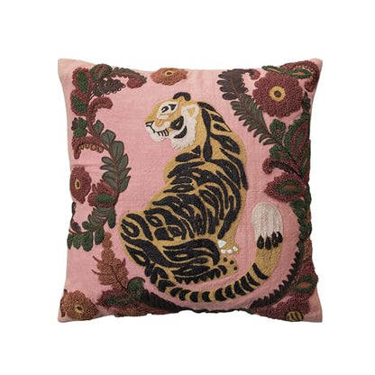 Creative Co-Op Embroidered Tiger and Flowers Cotton Slub Pillow, Multicolor - size: 20” L x 20” W