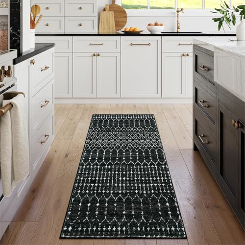 Lahome Moroccan Black Area Rug Non-Slip Low-Pile Washable Entryway Rug Kitchen Bath Mat 2'x4' Geometric Print Carpet for Hallway Bedroom Hana - color: Black, size: 2' x 4' (Runner)