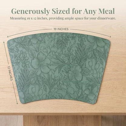 Faux Leather Set of 6, Placemats with Carving Floral Design - color: Green