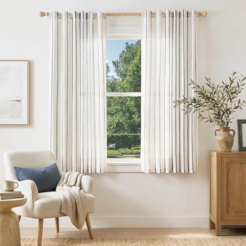 Vangao Striped Curtains Blue on White Semi Sheer Curtains 63 Inches Long - color: Shadow Striped| Blue on Off White, size: 50"W x 63"L (Pack of 2)