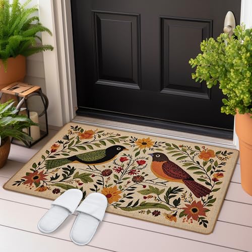 Vintage Floral Bird Door Mat, Antique Flower Botanical Birds Welcome Front Door Mat Indoor Outside Entrance, Retro Floral Bird Decor Doormats 17x29 Inch - color: Bird