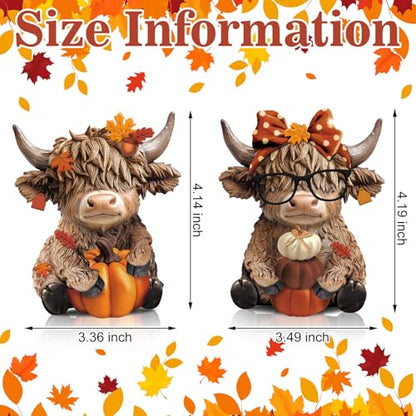 Karenhi 2 Pcs Fall Highland Cow Figurines Resin, Autumn Tabletop Decor - style: Autumn