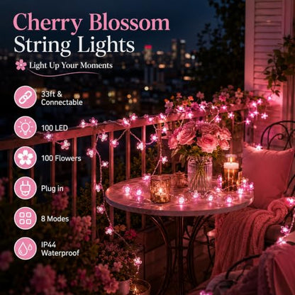 33ft 100 LED Plug in Fairy Lights, Pink Christmas Flower String Lights - color: 100 LED Pink