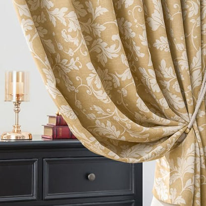 jinchan Brown Floral Curtains 84 Inch Room Darkening Grommet 2 Panels - color: Gold, size: 50"W x 84"L (Pack of 2)