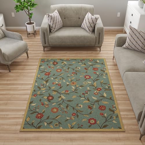 Ottomanson 5x7 Area Rugs for Living Room – Stain Resistant Bedroom Rug - color: Floral Seafoam Green