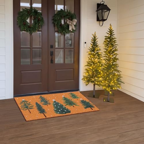 Dunzy Christmas Doormat Outdoor Snowy Forest Welcome Faux Coir Non-Slip Mat - style: Green Christmas Tree