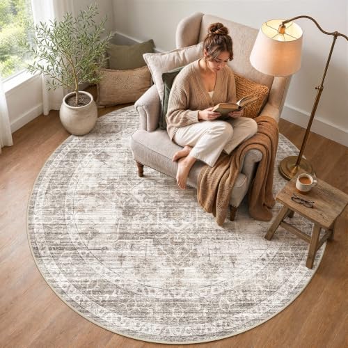 6ft Round Rugs for Living Room: 6x6 Washable Neutral Brown Area Rug - color: Brown, size: 6' (Round)