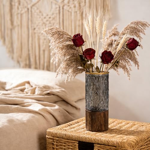 Artistic Wood Glass Vase,Wooden Base,Tall Vases Bottles for Flowers, Entryway, Dining Table, Shelf, Living Room, and Modern Home Decor (Casual) - style: Casual