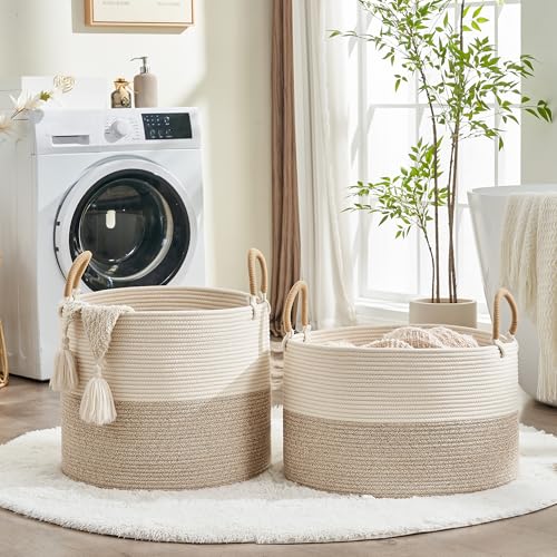 KAKAMAY Large Blanket Basket with Handles, Storage Basket for Living Room - color: Beige Mix
