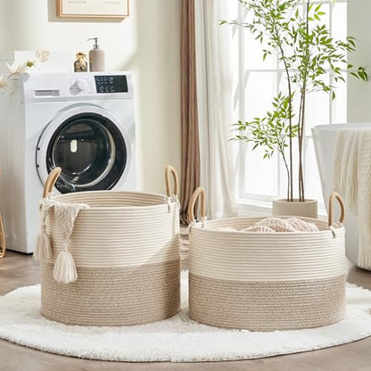 KAKAMAY Large Blanket Basket with Handles, Storage Basket for Living Room - color: Beige Mix