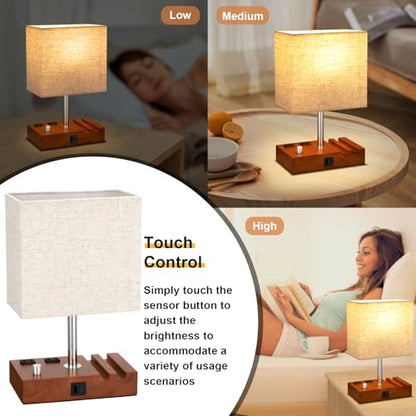 Brown Wood Grain Bedside Lamp - Stepless Dimmable, USB C+A, 2 AC Outlets - color: Brown Wood Grain with Knob Switch, size: 1 Pack