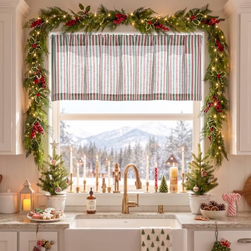 jinchan Linen Boxter Stripe Valances for Window 16 inch,Xmas Green, 1 Panel - color: Boxter Stripe | Xmas Green on Linen, size: 50"W x 16"L (Pack of 1)