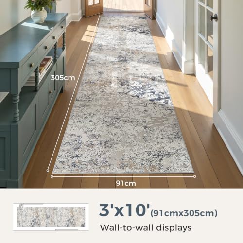 DMOYEST 3x10 Washable Runner Rug for Hallway: Soft Neutral Modern Abstract Low Pile Rug Indoor - Carpet for Bedroom Dining Room Kitchen Entryway - Beige Blue - color: Beige Blue, size: 3' x 10' (Runner)