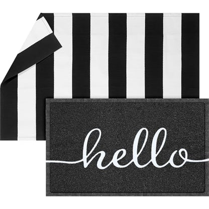 Geelin 2 Pcs Layered Hello Doormat, Black and Whitestriped Rug Set - style: Stripe Hello
