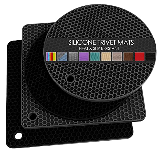 Silicone Trivet Mats, 4 Pack Silicone Pot Holders for Hot Pan and Pot Pads, Heat Resistant Counter Mats for Tables, Countertops, Spoon Rest and Large Coasters, Black & Gray (2 Squared + 2 Round Mats) - color: 01 Black + Dark Gray, size: 7x7in