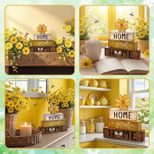 Cinnvoice 4 Pcs Yellow Bee Daisy Wooden Block Decor Farmhouse Tiered Tray - style: Bee Daisy