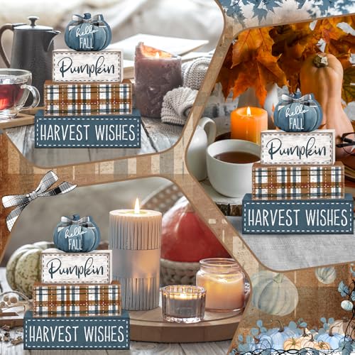 Britimes Fall Farmhouse Tiered Tray Decor Set, 4 Pack, Wooden - color: Blue Pumpkin