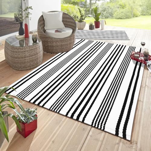 LEEVAN 5'X8' Black and White Striped Woven Cotton Reversible Outdoor Rug - color: 1white Strip, size: 5 x 8 Feet
