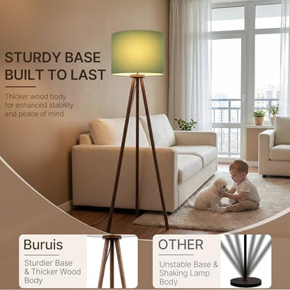 Buruis 60.6 Inch Walnut Wood Tripod Floor Lamp with Linen Drum Shade, Green - color: Green