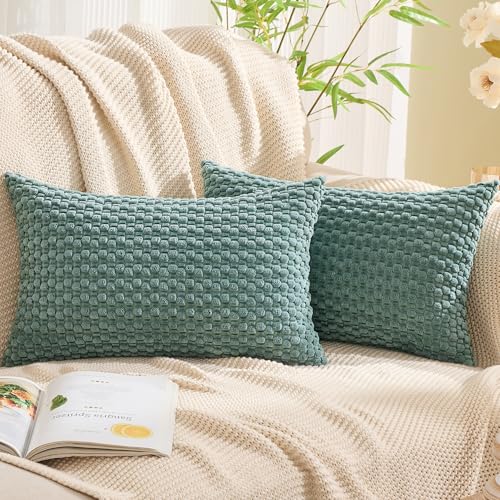 GAWAMAY Decorative Corduroy Throw Pillow Covers 12x20 Blue Green 2 Pack - color: Blue Green, size: 20" x 12" (Pack of 2)