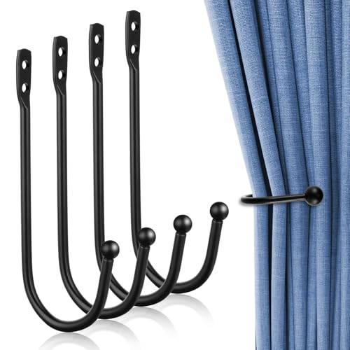 4Pack Curtain Wall Hooks, Curtain Holdbacks, Curtains Tie Backs for Curtains, Decorative Drapery Holdbacks for Wall Ties with Screws Black Metal U Shaped Pull Backs (3.94× 0.21 × 0.2 inches)
