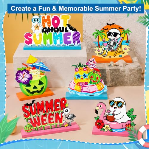 6 Pcs Summerween Wooden Table Centerpieces, Spooky Beach Skeleton Flamingo Tabletop Sign, for Home Kitchen Office Desk Shelves