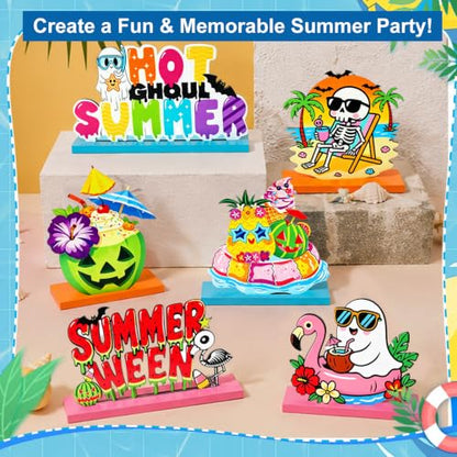 6 Pcs Summerween Wooden Table Centerpieces, Spooky Beach Skeleton Flamingo Tabletop Sign, for Home Kitchen Office Desk Shelves