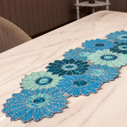 ALPHA Living HOME Blue Beaded Runner 13x36 Inch Glass Beads Table Decor - color: Teal/Sky Blue