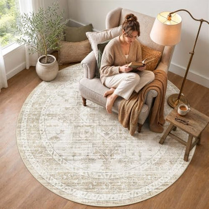 6ft Round Rugs for Living Room: 6x6 Washable Neutral Beige Area Rug - color: Beige, size: 6' (Round)