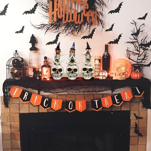 Halloween Skeleton Statue Set of 3, See Speak Hear No Evil Figurines - color: Pumpkin