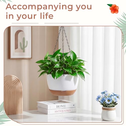 3 Pcs 8'' Hanging Planters for Plants Indoor Outdoor, Plastic Self Watering Pot with Drainage Holes Removable Tray, Hanging Baskets Flower Pot for Home Balcony Terrace Decoration (White)