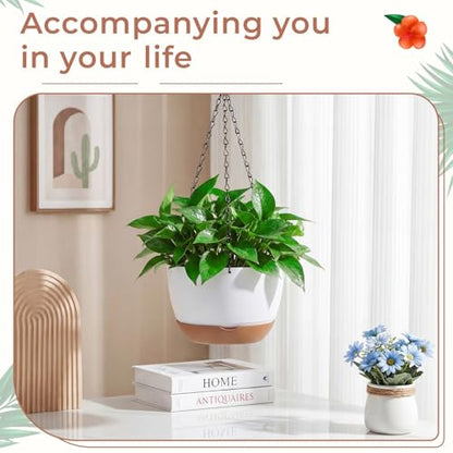 3 Pcs 8'' Hanging Planters for Plants Indoor Outdoor, Plastic Self Watering Pot with Drainage Holes Removable Tray, Hanging Baskets Flower Pot for Home Balcony Terrace Decoration (White)