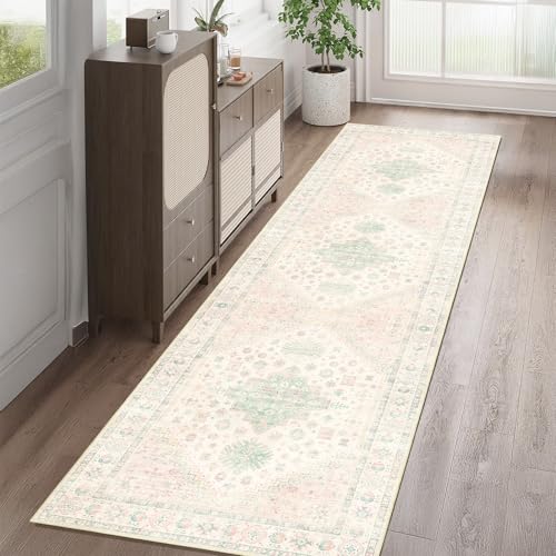 MUJOO Washable Runner Rug 2x8 Area Rugs Low Pile Non Slip Pink and Green - color: Pink and Green, size: 2' x 8' (Rectangular)