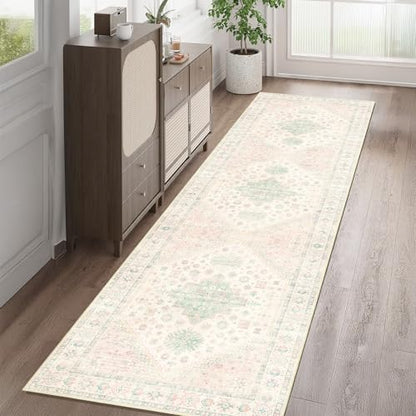 MUJOO Washable Runner Rug 2x8 Area Rugs Low Pile Non Slip Pink and Green - color: Pink and Green, size: 2' x 8' (Rectangular)