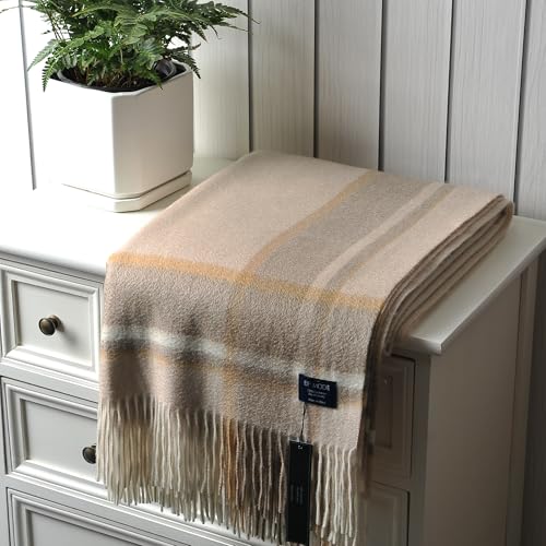 EP Mode 100% Pure Cashmere Throw Blanket for Sofa, Beige Border - color: Beige Border