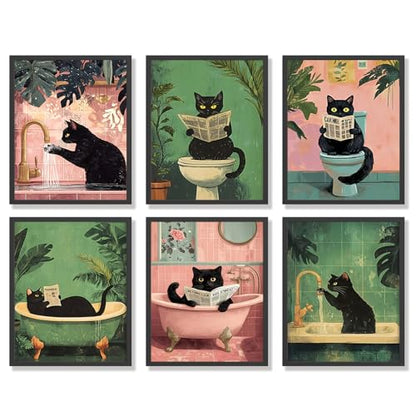 KBKBART 6pcs Funny Cat Bathroom Wall Art Prints Poster Unframed, 8x10 inch - color: Black Cat