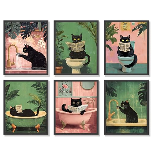 KBKBART 6pcs Funny Cat Bathroom Wall Art Prints Poster Unframed, 8x10 inch - color: Black Cat