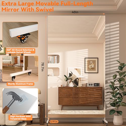 Hasipu 79" x 40" Full Length Floor Mirror on Wheels, White - size: 79"L x 40"W
