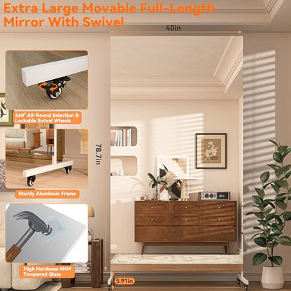 Hasipu 79" x 40" Full Length Floor Mirror on Wheels, White - size: 79"L x 40"W