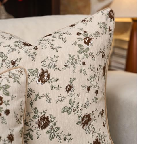 Spring Flower Throw Pillow Cover 18x18 Inches Beige Vintage Floral Pillow Cover Farmhouse Summer Cushion Cover Leaf Retro Chenille Pillowcase Home Decor for Sofa Living Room Couch - color: Beige, size: 18" x 18" (Pack of 1)