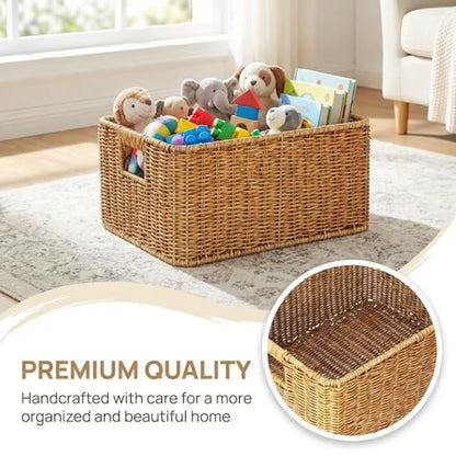 Hemobllo Imitation Woven Rattan Basket Desktop Storage Bin with Handles Large Capacity Shelf Organizer for Organizing Toys Pantry Sundries 13.38''