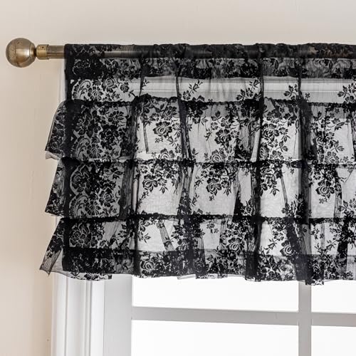 Kotile Black Ruffle Lace Valance for Windows W52 x L18 Inch, 1 Panel - color: Black - Ruffle Lace