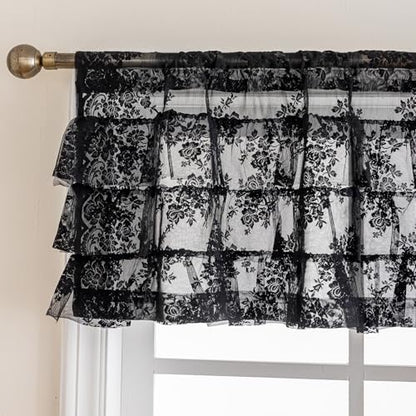 Kotile Black Ruffle Lace Valance for Windows W52 x L18 Inch, 1 Panel - color: Black - Ruffle Lace