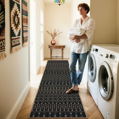 Lahome Moroccan Easy Jute Washable Runner Rug, 2x8 Black Kitchen Runner - color: Black Geometric Tribal, size: 2'6" x 8' (Runner)