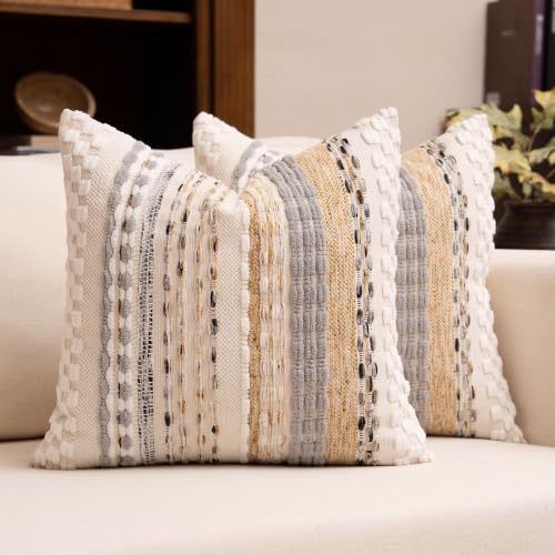 Boho Chenille Tufted Throw Pillow Covers 18x18 Inch Set of 2 Farmhouse Beige Woven Striped Decorative Pillowcases for Couch Sofa Bed - color: Beige