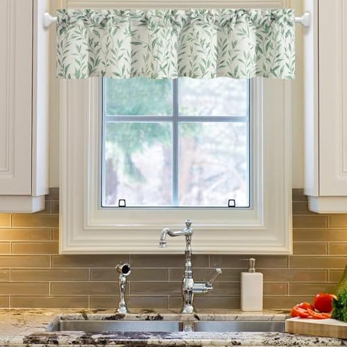 VOGOL Valances for Living Room, Green Leaf Print Small Window Valance for Kitchen Farmhouse Top Pocket 12 Inches Long, One Panel, 52x12 - color: Green, size: 52"W x 12"L (Pack of 1)