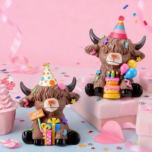 Karenhi 2 Pcs Highland Cow Figurines Resin Birthday Cake Topper Decor - style: Birthday
