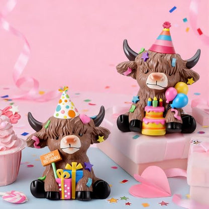 Karenhi 2 Pcs Highland Cow Figurines Resin Birthday Cake Topper Decor - style: Birthday